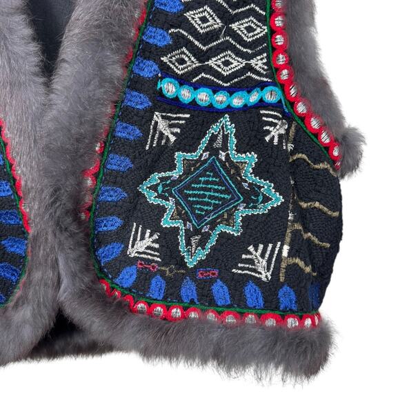 Christophe Sauvat Embroidered Vest Large Rabbit Fur Trim Boho Luxe Brown Blue - Picture 4 of 10